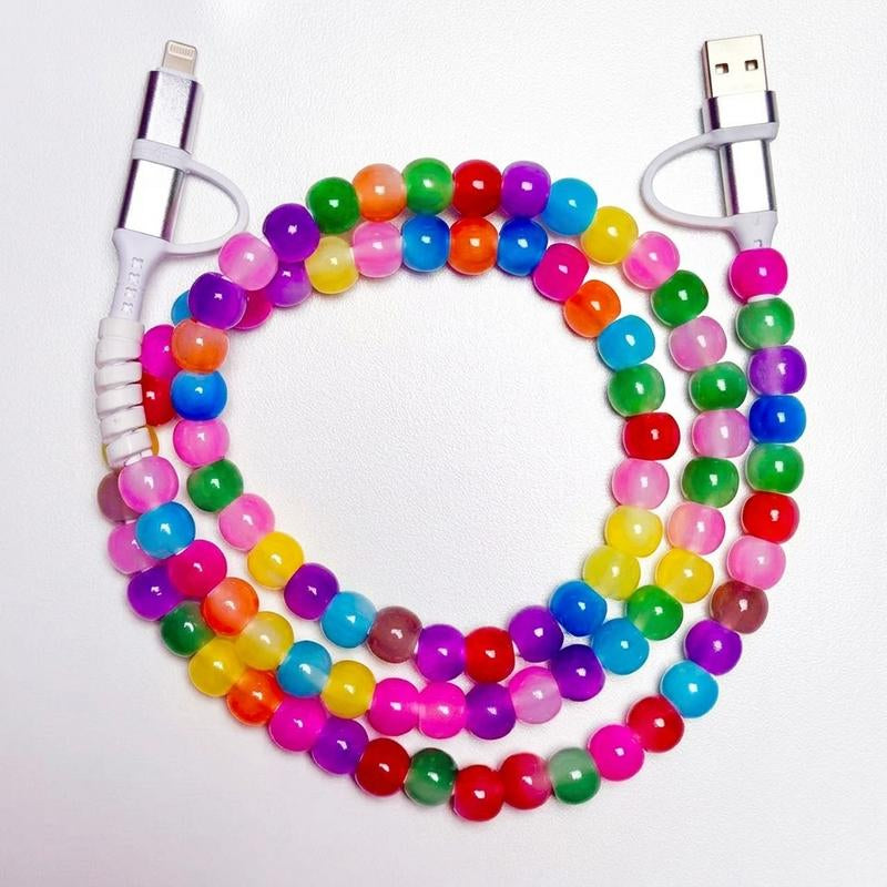 4-In-1 Cute Pearl Beaded Silicone Alloy Charging Cable, Aesthetic Fast Phone Charger Cord Type C/Lightning, Preppy Smartphone/Cellphone Accessory Gift for Girls, Compatible with Iphone 15/16/17, Ipad, Samsung, Android Devices, Back to School Essential